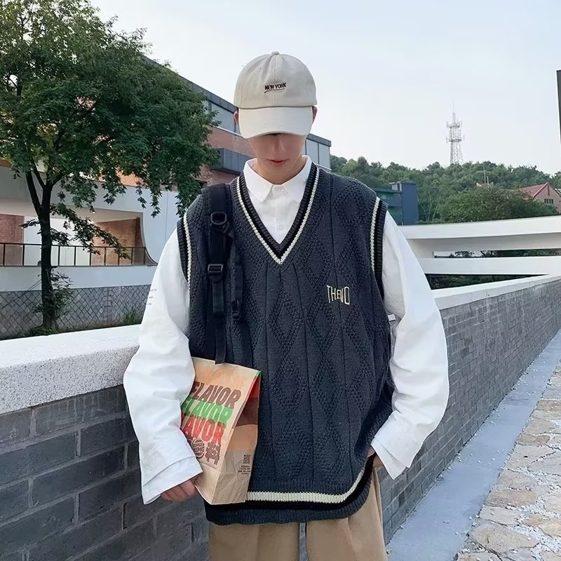 Muška bezrukavna pletena vest, korejskog stila pulover, slobodan kroj, V-izrez, jacquard pletena tkanina, poliester 95% materijal