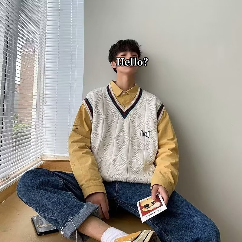 Muška bezrukavna pletena vest, korejskog stila pulover, slobodan kroj, V-izrez, jacquard pletena tkanina, poliester 95% materijal