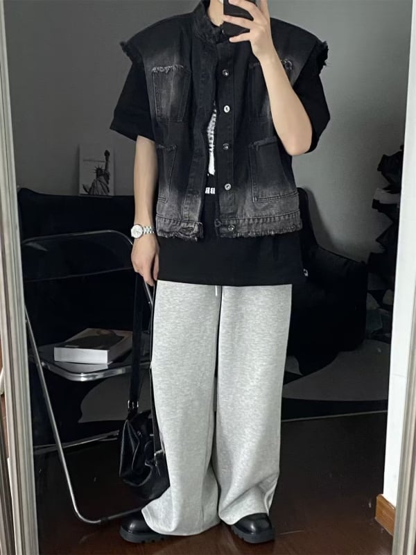 Traper vest, retro kardigan stil, slobodan kroj, okrugli ovratnik, jednostruko kopčanje, patch džepovi, denim s 35% pamuka i podstava od poliestera, pogodno za četiri sezone.