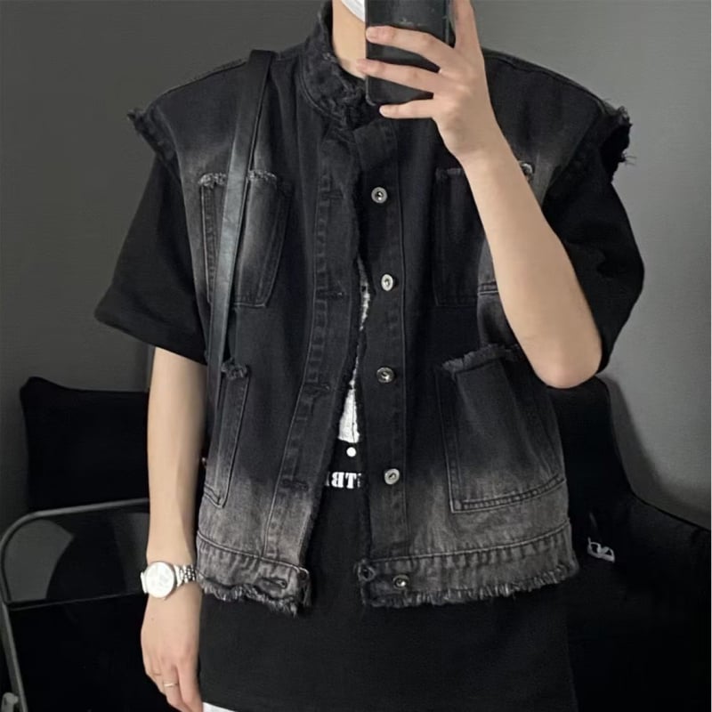 Traper vest, retro kardigan stil, slobodan kroj, okrugli ovratnik, jednostruko kopčanje, patch džepovi, denim s 35% pamuka i podstava od poliestera, pogodno za četiri sezone.
