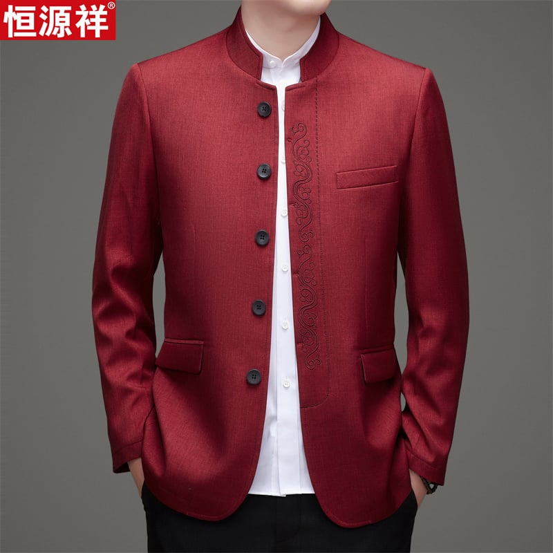 Muško sako u stilu Zhongshan-Tang, casual odijelo, pamuk, bez peglanja, detalji na gumbima, proljeće 2025