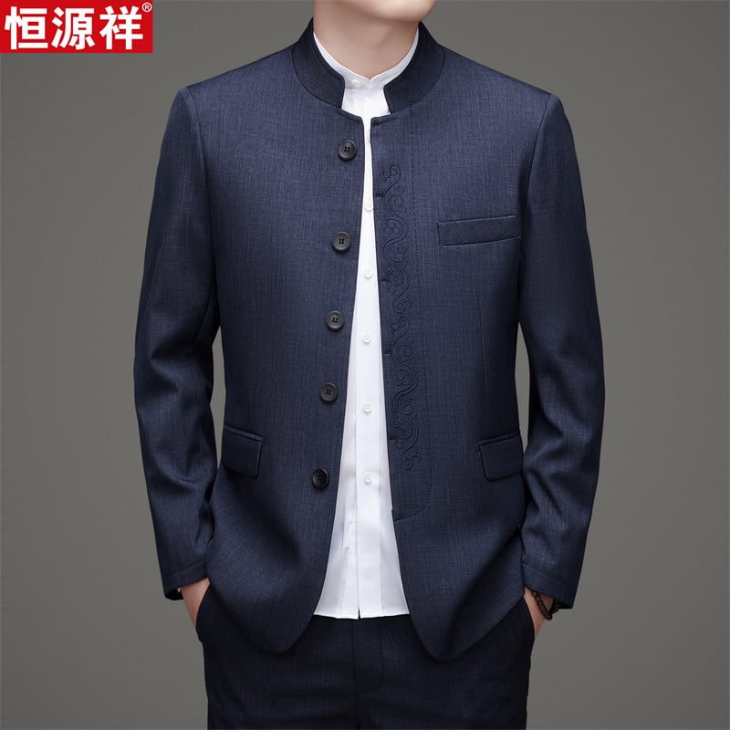 Muško sako u stilu Zhongshan-Tang, casual odijelo, pamuk, bez peglanja, detalji na gumbima, proljeće 2025