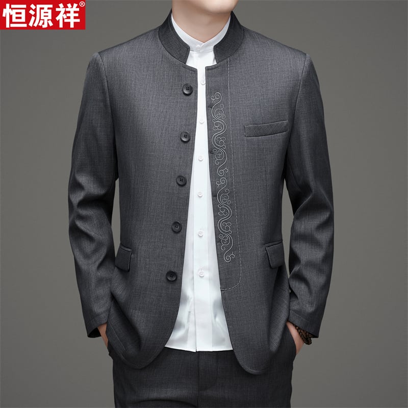 Muško sako u stilu Zhongshan-Tang, casual odijelo, pamuk, bez peglanja, detalji na gumbima, proljeće 2025