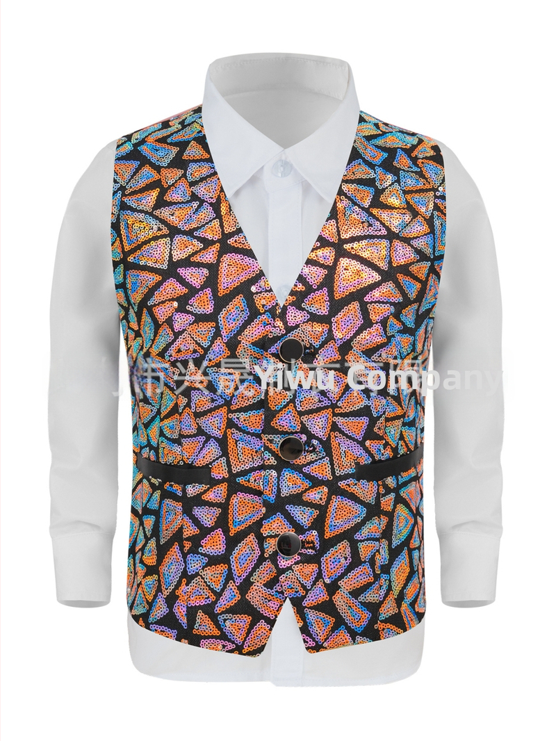 Pánska vesta so flitrami, V výstrih, jednoprsné zapínanie, polyester, štyri ročné obdobia, retro casual