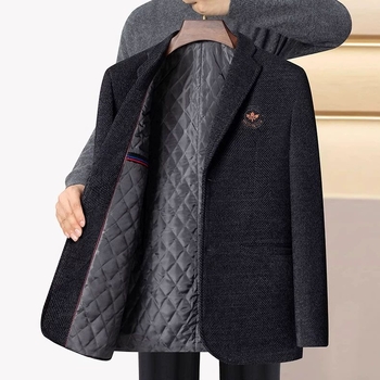 Muško vuneno sako – uski kroj, stojeći ovratnik, dvopopkopčano kopčanje s dva gumba, debeli punjenje, etnički stil s džepnim detaljima