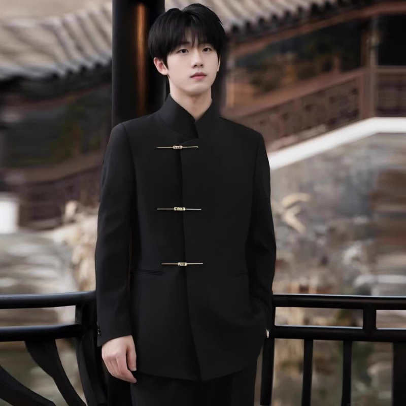 Muški set odijela sa stojećim ovratnikom, jednoredni s tri gumba, uski kroj, poliester smjese, proljeće 2025