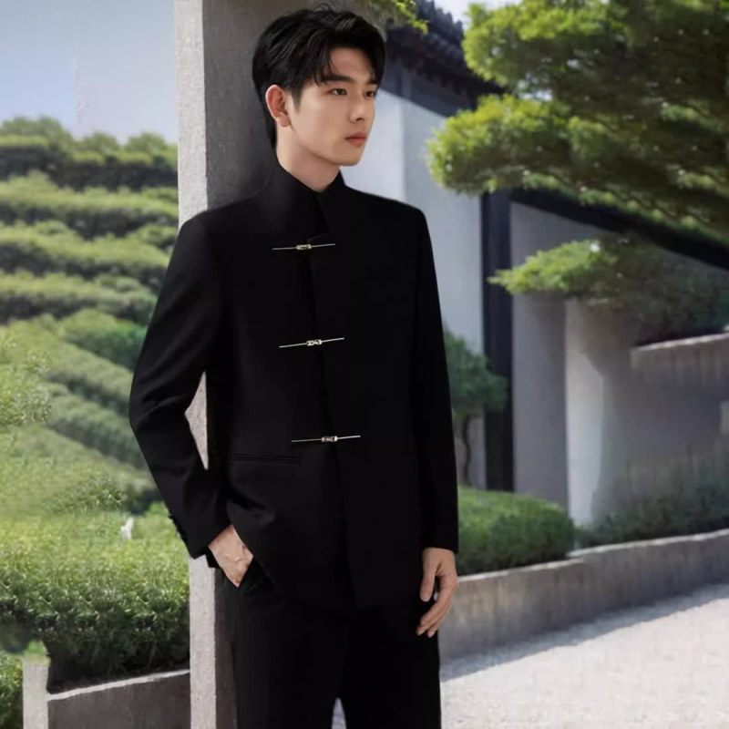 Muški set odijela sa stojećim ovratnikom, jednoredni s tri gumba, uski kroj, poliester smjese, proljeće 2025