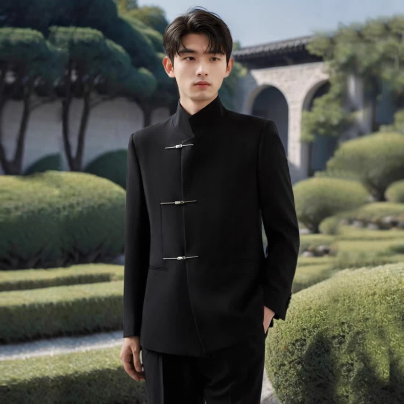 Muški set odijela sa stojećim ovratnikom, jednoredni s tri gumba, uski kroj, poliester smjese, proljeće 2025