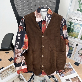 Corduroy prsluk s V-izrezom, jednofarbni, poliester tkanina, slobodan kroj, otporan na gužvanje