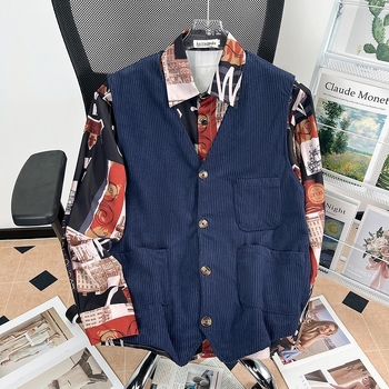 Corduroy prsluk s V-izrezom, jednofarbni, poliester tkanina, slobodan kroj, otporan na gužvanje