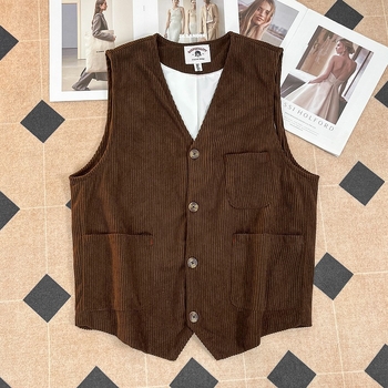 Corduroy prsluk s V-izrezom, jednofarbni, poliester tkanina, slobodan kroj, otporan na gužvanje