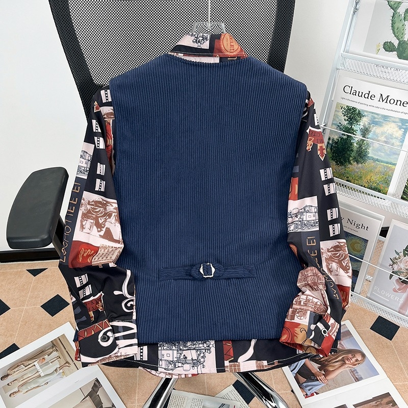 Corduroy prsluk s V-izrezom, jednofarbni, poliester tkanina, slobodan kroj, otporan na gužvanje