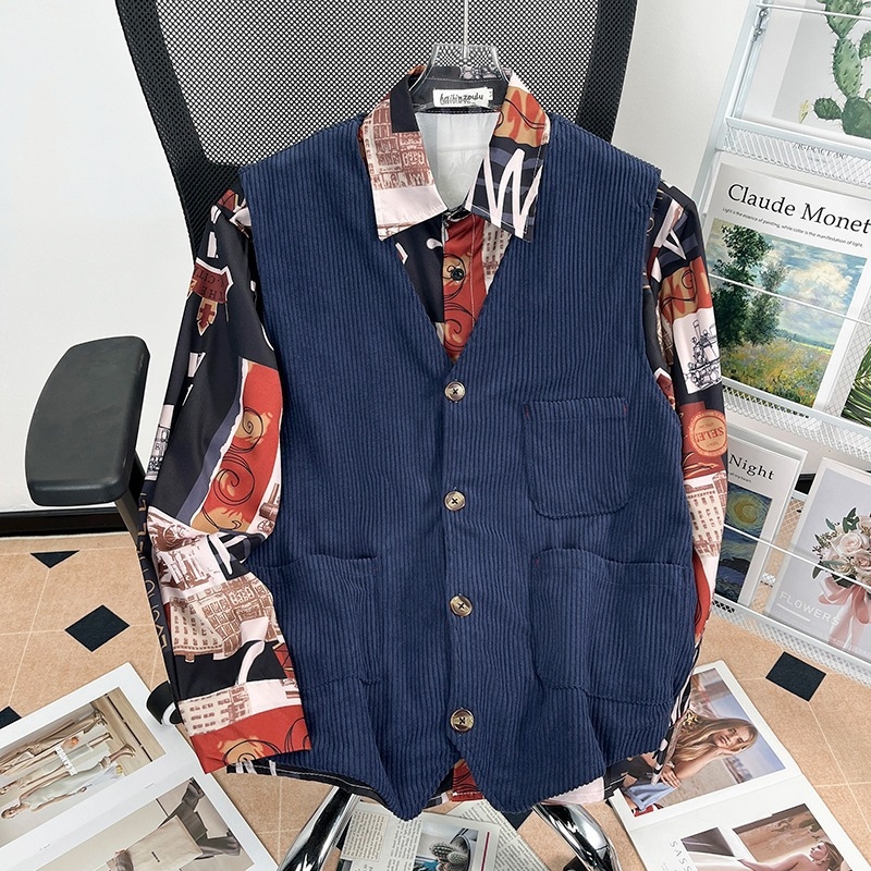 Corduroy prsluk s V-izrezom, jednofarbni, poliester tkanina, slobodan kroj, otporan na gužvanje