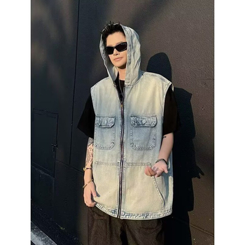 Pamukasto prsluk s kapuljom i zatvaračem, vintage zapadnjački stil, slobodan kroj, više džepova