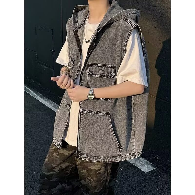 Pamukasto prsluk s kapuljom i zatvaračem, vintage zapadnjački stil, slobodan kroj, više džepova