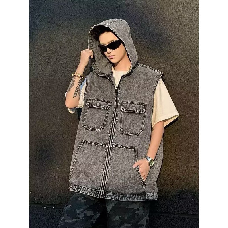 Pamukasto prsluk s kapuljom i zatvaračem, vintage zapadnjački stil, slobodan kroj, više džepova