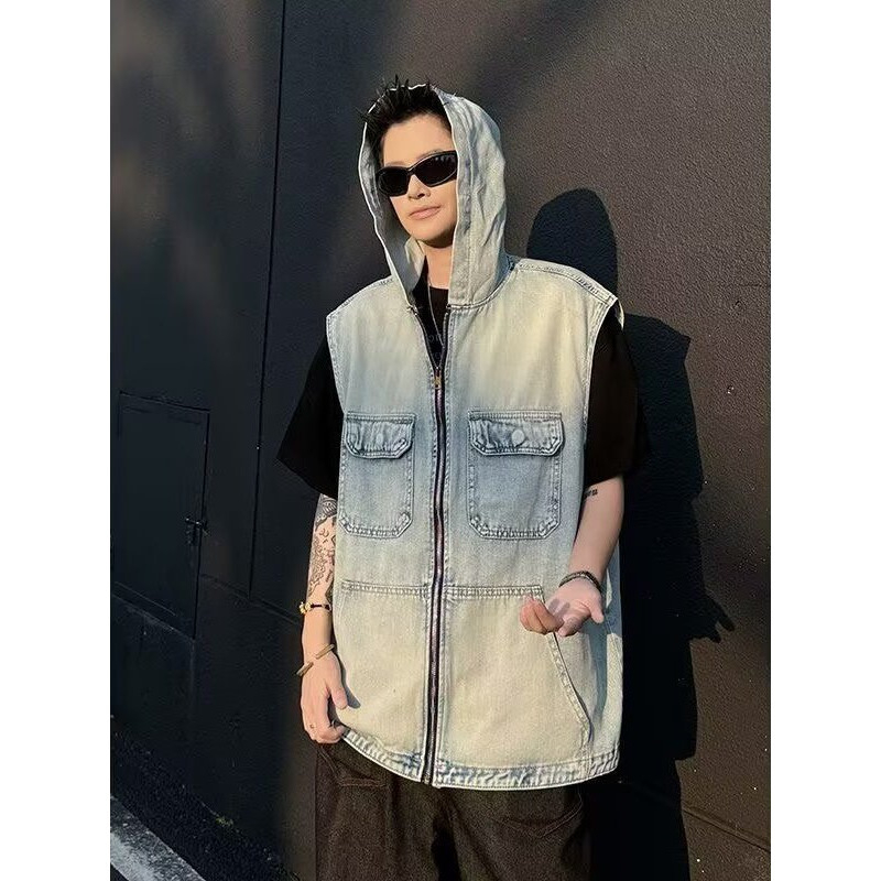 Pamukasto prsluk s kapuljom i zatvaračem, vintage zapadnjački stil, slobodan kroj, više džepova