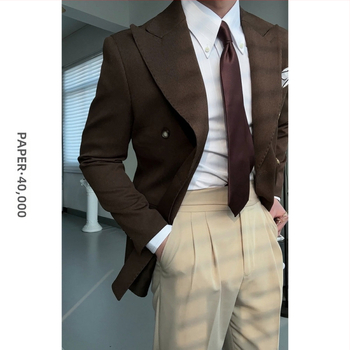 Slim-Fit Corduroy σακάκι κοστουμιού με διπλό κούμπωμα και peaked lapel, λινό βασικό ύφασμα