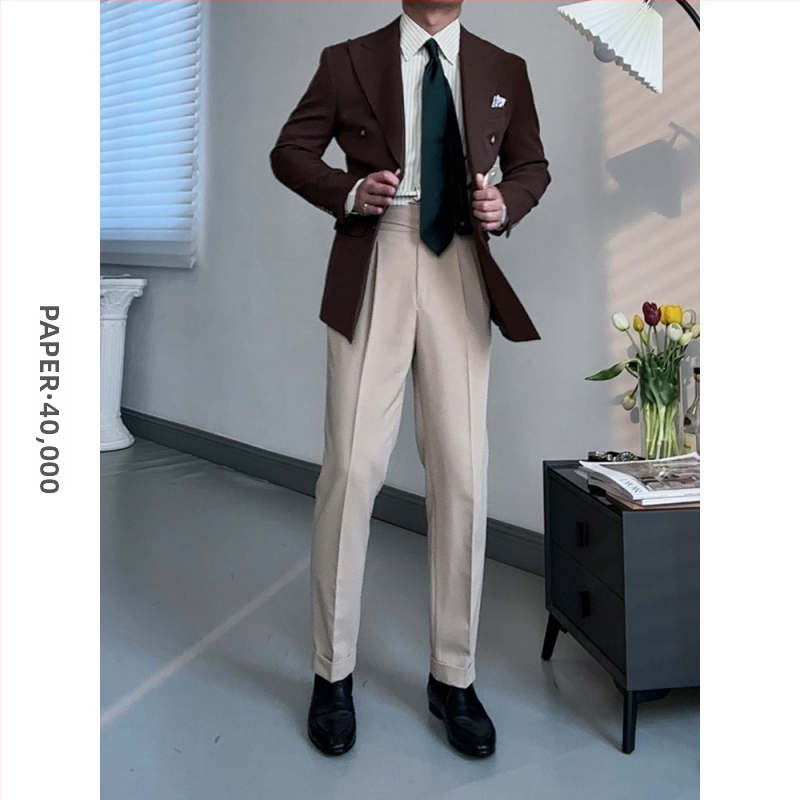 Slim-Fit Corduroy σακάκι κοστουμιού με διπλό κούμπωμα και peaked lapel, λινό βασικό ύφασμα