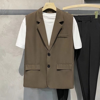 Muški prsluk za odijelo, slobodan kroj, V-izrez, kopčanje u jednoj liniji, mješavina poliestera, prozračan (za sve sezone, jednobojni uzorak)