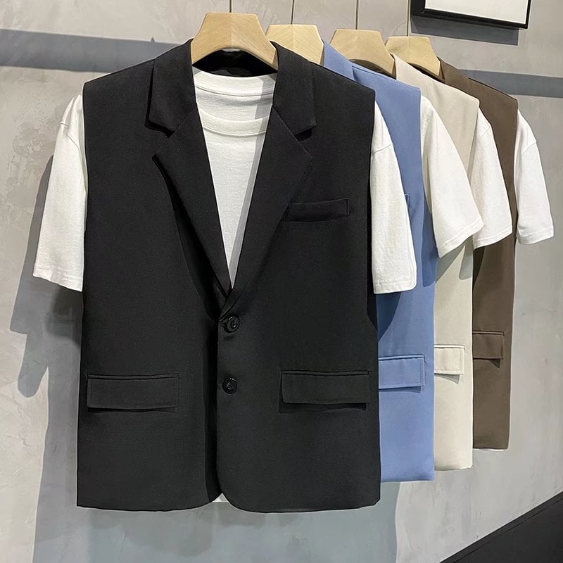 Muški prsluk za odijelo, slobodan kroj, V-izrez, kopčanje u jednoj liniji, mješavina poliestera, prozračan (za sve sezone, jednobojni uzorak)