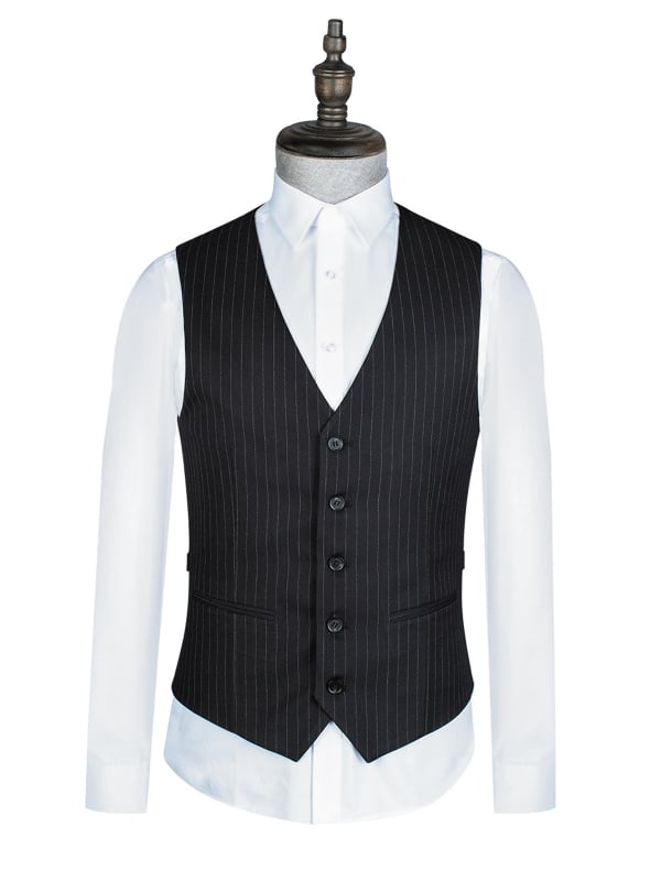 Muška uska poslovna vesta s prugama, jednoredna, bez ovratnika, poliester (Slim, Prugasti, Jednoredna, Bez ovratnika, Poliester)