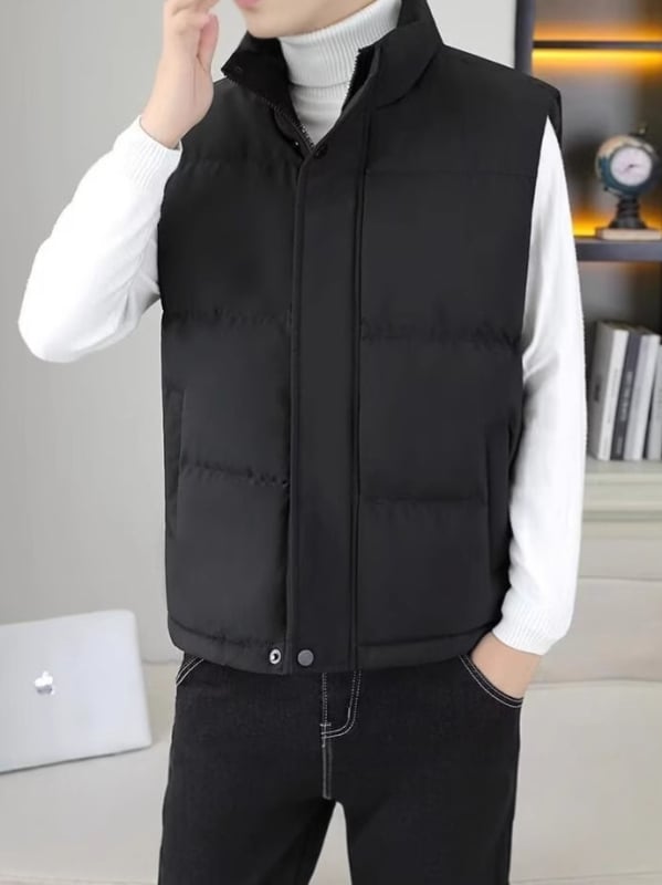 Muški down vest, stojeći ovratnik, zatvarač, bez kapuljače, bočne džepove, normalna debljina