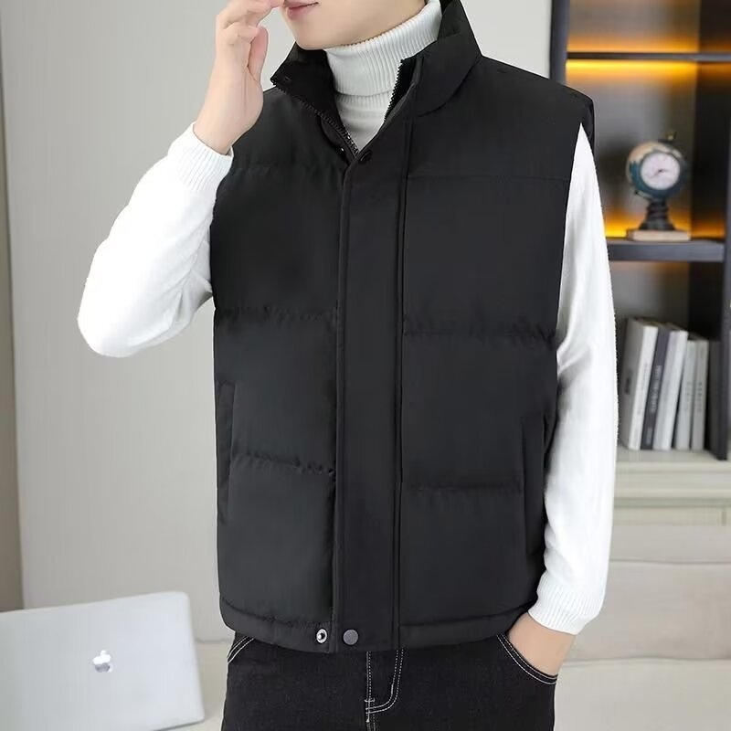 Muški down vest, stojeći ovratnik, zatvarač, bez kapuljače, bočne džepove, normalna debljina