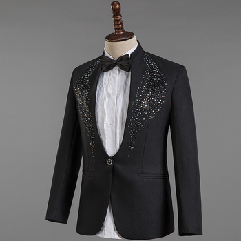 Costum bărbătesc pentru cor cu broderie și paiete, guler înalt, panou frontal cu o singură rând de nasturi, căptușeală Bonded, țesătură din amestec de nailon, potrivit pentru scenă în toate cele patru sezoane