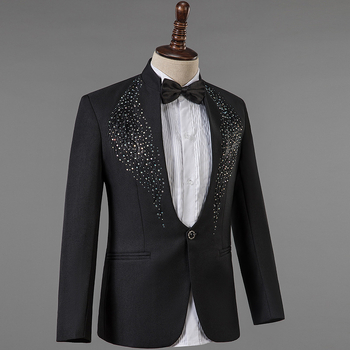 Costum bărbătesc pentru cor cu broderie și paiete, guler înalt, panou frontal cu o singură rând de nasturi, căptușeală Bonded, țesătură din amestec de nailon, potrivit pentru scenă în toate cele patru sezoane