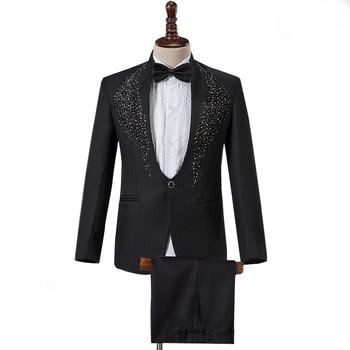 Costum bărbătesc pentru cor cu broderie și paiete, guler înalt, panou frontal cu o singură rând de nasturi, căptușeală Bonded, țesătură din amestec de nailon, potrivit pentru scenă în toate cele patru sezoane