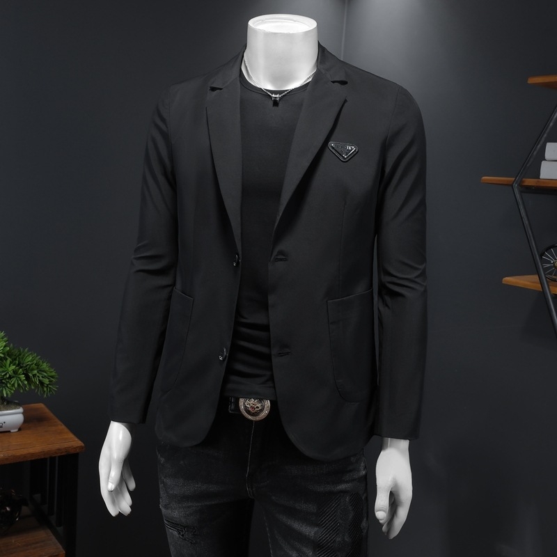 Muško sako Slim-fit, s ovratnikom od sakoa, jednoslojno kopcanje s dva gumba, tkanina od pamuk-mješavine (90% poliester), lagani poslovni stil za proljeće