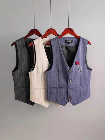 Muški prsluk s retro prugama, slim fit, jednobrojno kopčanje, V-izrez, višestruki džepovi