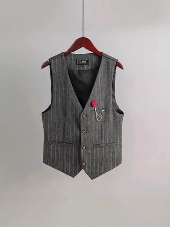 Muški prsluk s retro prugama, slim fit, jednobrojno kopčanje, V-izrez, višestruki džepovi