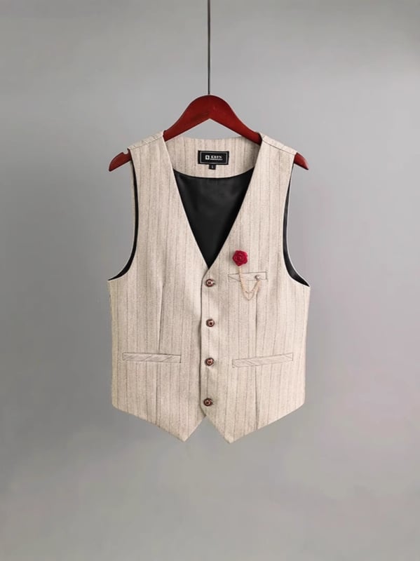 Muški prsluk s retro prugama, slim fit, jednobrojno kopčanje, V-izrez, višestruki džepovi