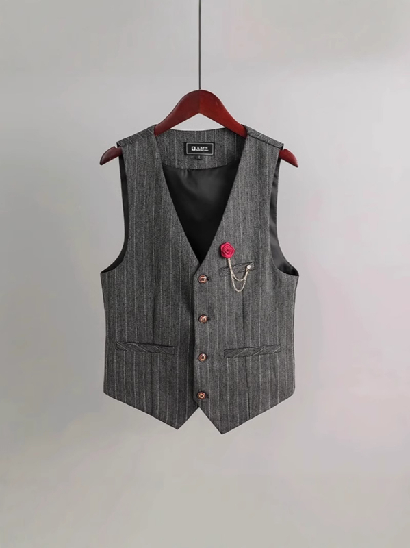 Muški prsluk s retro prugama, slim fit, jednobrojno kopčanje, V-izrez, višestruki džepovi