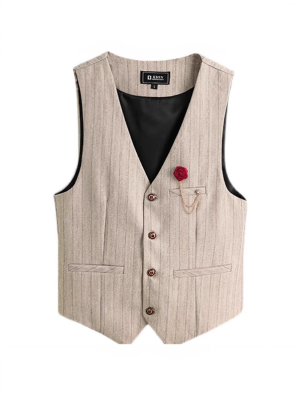 Muški prsluk s retro prugama, slim fit, jednobrojno kopčanje, V-izrez, višestruki džepovi