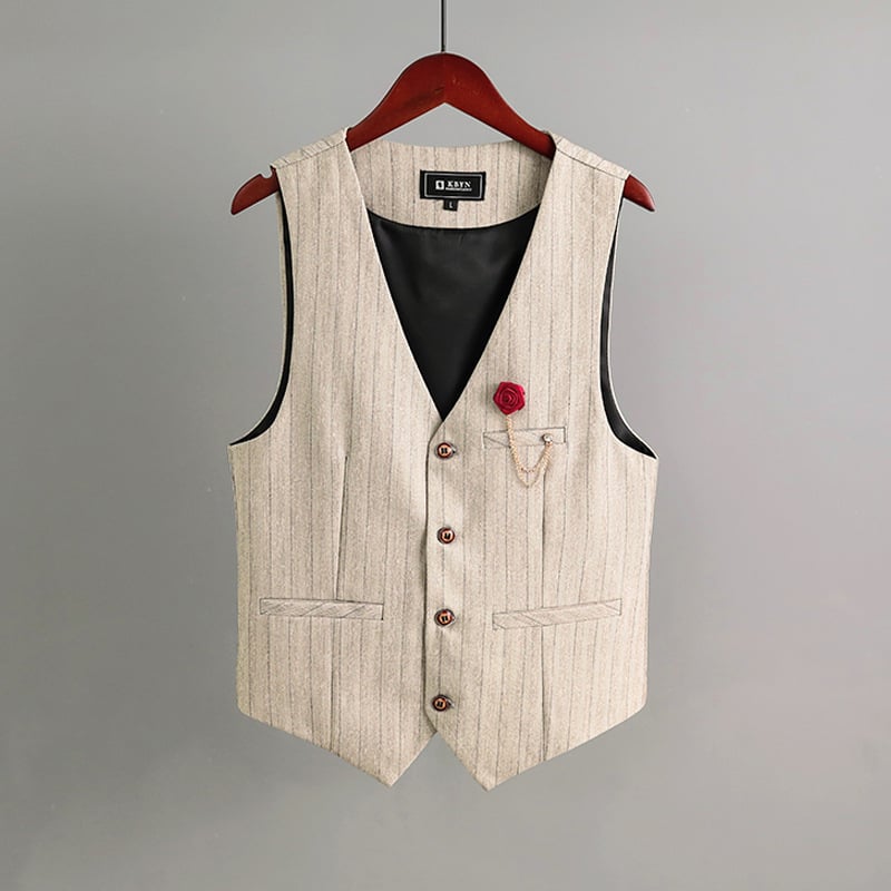 Muški prsluk s retro prugama, slim fit, jednobrojno kopčanje, V-izrez, višestruki džepovi