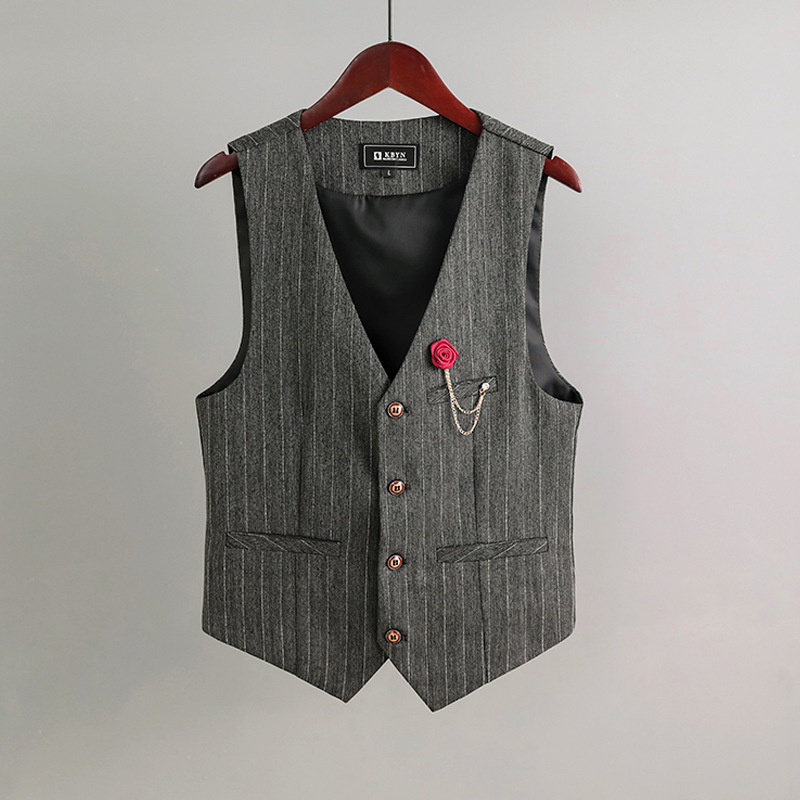 Muški prsluk s retro prugama, slim fit, jednobrojno kopčanje, V-izrez, višestruki džepovi