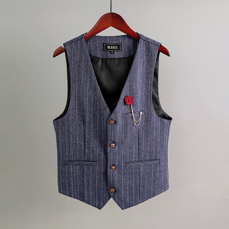 Muški prsluk s retro prugama, slim fit, jednobrojno kopčanje, V-izrez, višestruki džepovi