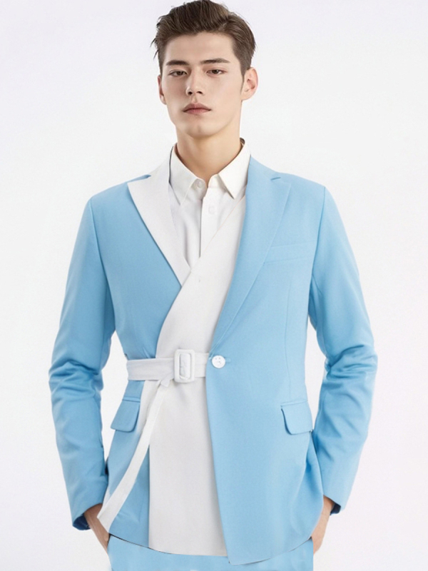 Muški dvodijelni odijelo s dizajnom boja blok, slim fit, 1 gumb, plavi rever, viskoza 75% mješavina vlakana