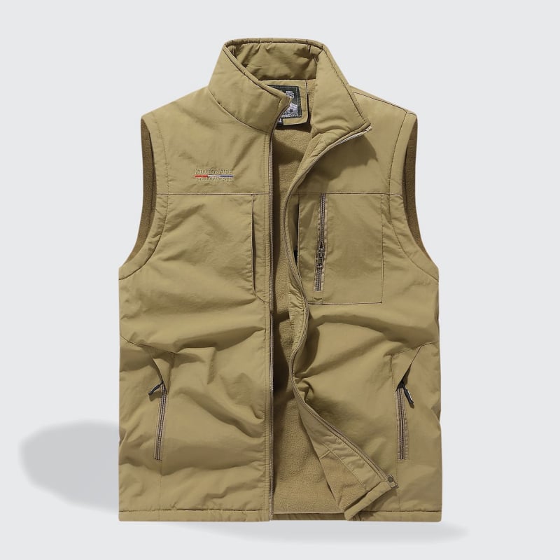 Muška fleece vesta s kapuljom, stojeći ovratnik, zatvarač, prugasti uzorak, uski kroj