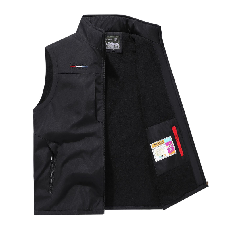 Muška fleece vesta s kapuljom, stojeći ovratnik, zatvarač, prugasti uzorak, uski kroj