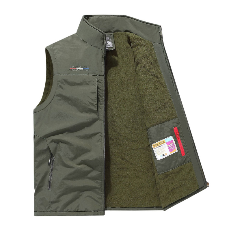 Muška fleece vesta s kapuljom, stojeći ovratnik, zatvarač, prugasti uzorak, uski kroj