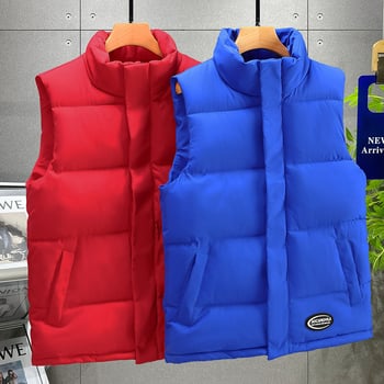 Pamukom punjena jakna-vest za zimu – udoban kroj, bez ovratnika, sa zipom, jednobojna, više džepova, prilagođeni logo