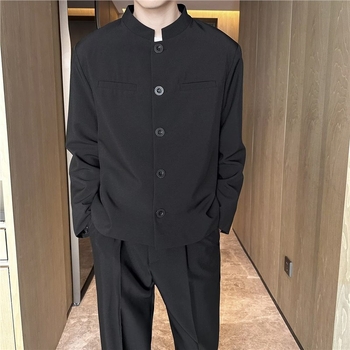 Set costum bărbați cu guler înalt pentru nuntă – sacou și pantaloni, închidere cu un nasture, croială slim, poliester 96%