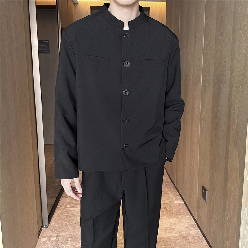 Set costum bărbați cu guler înalt pentru nuntă – sacou și pantaloni, închidere cu un nasture, croială slim, poliester 96%