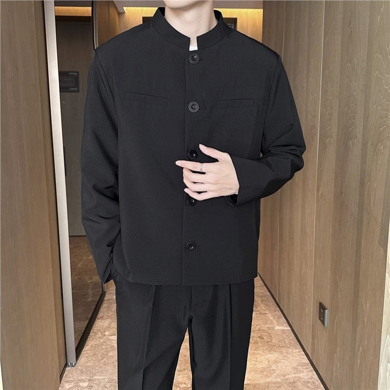 Set costum bărbați cu guler înalt pentru nuntă – sacou și pantaloni, închidere cu un nasture, croială slim, poliester 96%