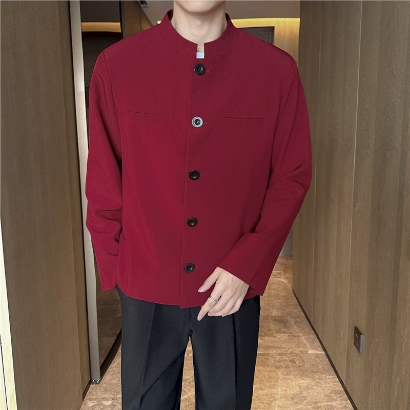 Set costum bărbați cu guler înalt pentru nuntă – sacou și pantaloni, închidere cu un nasture, croială slim, poliester 96%