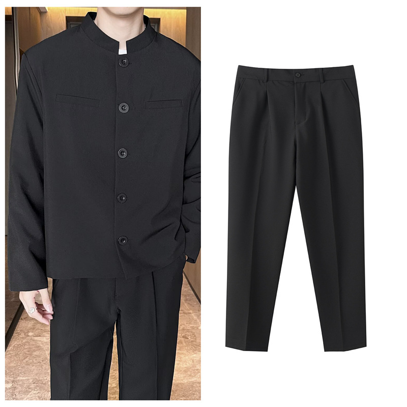 Set costum bărbați cu guler înalt pentru nuntă – sacou și pantaloni, închidere cu un nasture, croială slim, poliester 96%